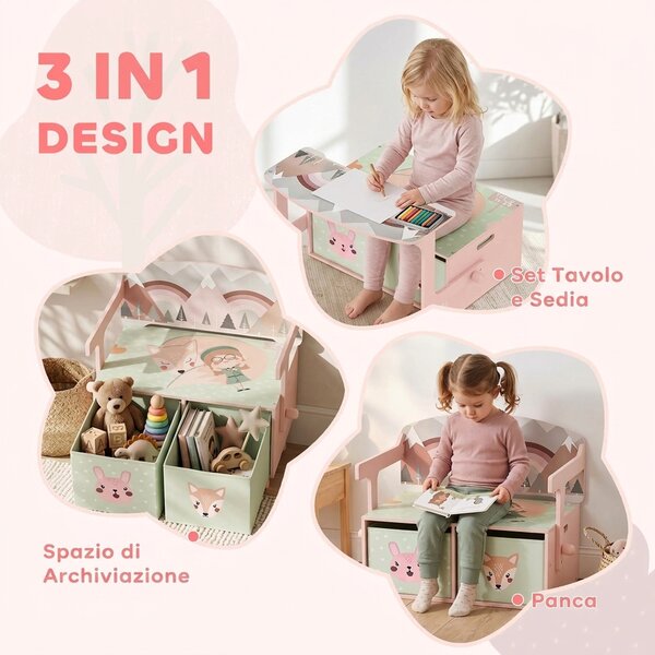 AIYAPLAY 3 in 1 Panca Porta Giochi per Bambini, Convertibile in Tavolo e Sedia con 2 Contenitori, Stampa Volpetta, Rosa | Aosom Italy