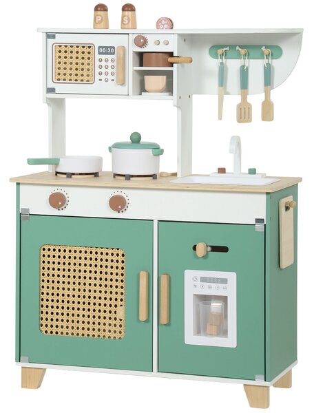 AIYAPLAY Cucina Giocattolo per Bambini in Legno con Accessori, Fornelli, Macchina del Caffè, Armadietto, 3-6 Anni, Verde | Aosom Italy