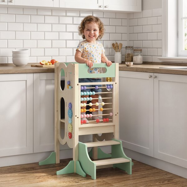 AIYAPLAY Torre Montessoriana 6 in 1 per Bambini, Sgabello Aiutante da Cucina con Lavagna, 2-6 Anni, Verde | Aosom Italy