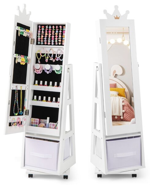 Costway Armadio gioielli per bambini con base girevole, Specchio da trucco per bambini con spazio di stoccaggio Bianco