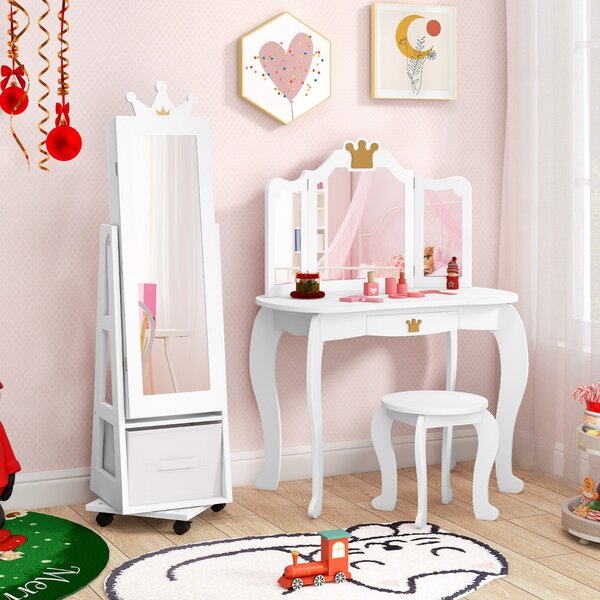 Costway Armadio gioielli per bambini con base girevole, Specchio da trucco per bambini con spazio di stoccaggio Bianco