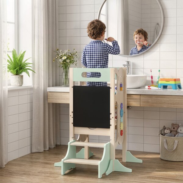 AIYAPLAY Torre Montessoriana 6 in 1 per Bambini, Sgabello Aiutante da Cucina con Lavagna, 2-6 Anni, Verde | Aosom Italy