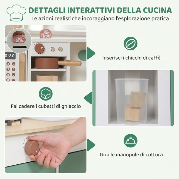 AIYAPLAY Cucina Giocattolo per Bambini in Legno con Accessori, Fornelli, Macchina del Caffè, Armadietto, 3-6 Anni, Verde | Aosom Italy