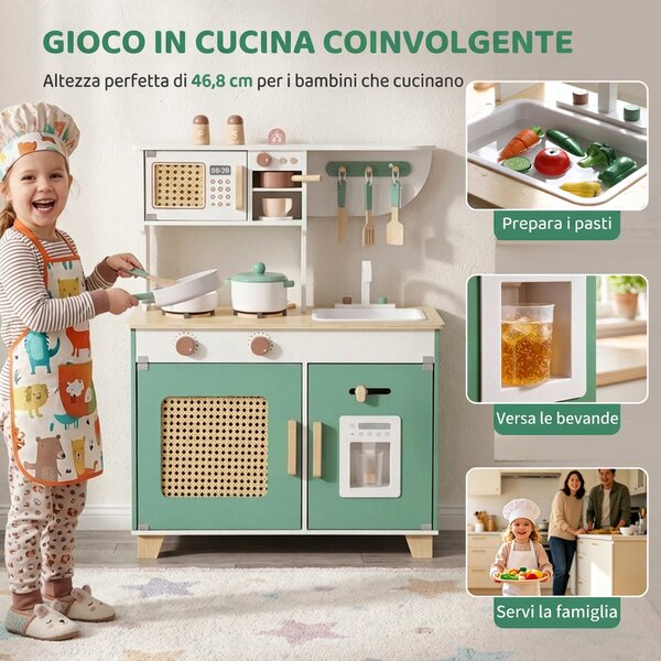 AIYAPLAY Cucina Giocattolo per Bambini in Legno con Accessori, Fornelli, Macchina del Caffè, Armadietto, 3-6 Anni, Verde | Aosom Italy