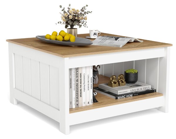 Costway Tavolino da caffè in legno tavolo da cocktail quadrato con ripiano aperto, Tavolino laterale rustico a 2 livelli Bianco
