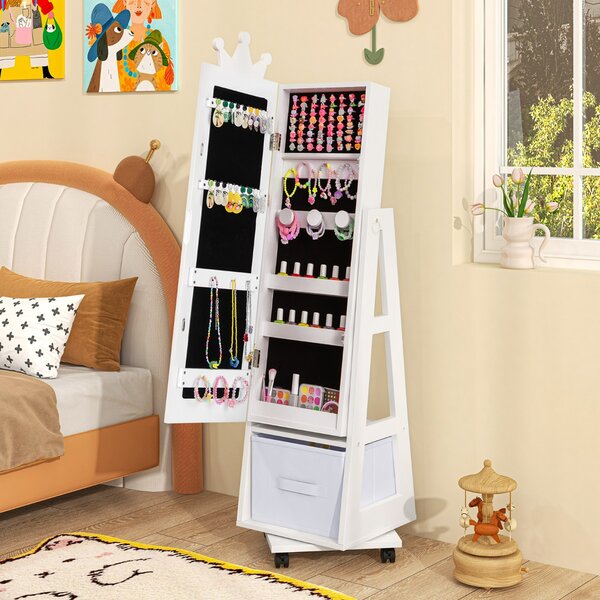 Costway Armadio gioielli per bambini con base girevole, Specchio da trucco per bambini con spazio di stoccaggio Bianco