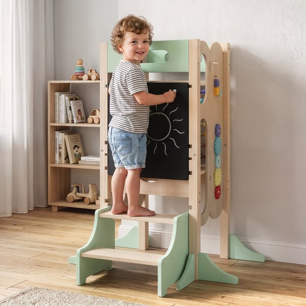 AIYAPLAY Torre Montessoriana 6 in 1 per Bambini, Sgabello Aiutante da Cucina con Lavagna, 2-6 Anni, Verde | Aosom Italy