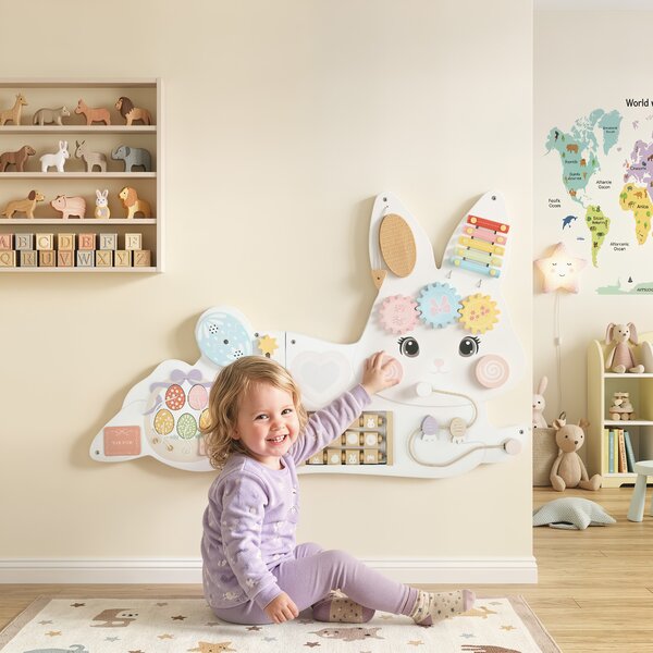 AIYAPLAY Busy Board Montessori in Legno da Parete per Bambini 1.5-6 Anni a Tema Coniglietto Pasquale, Bianco | Aosom Italy