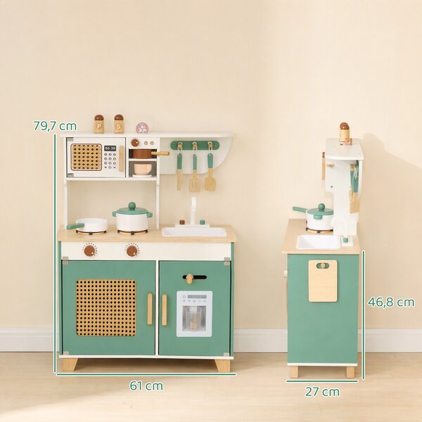 AIYAPLAY Cucina Giocattolo per Bambini in Legno con Accessori, Fornelli, Macchina del Caffè, Armadietto, 3-6 Anni, Verde | Aosom Italy