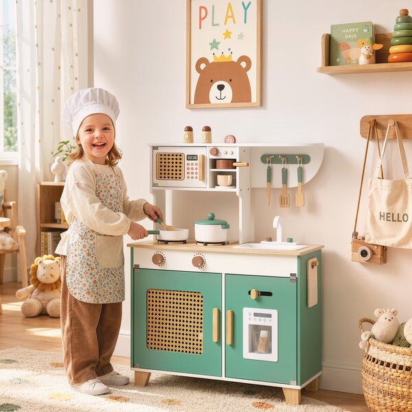 AIYAPLAY Cucina Giocattolo per Bambini in Legno con Accessori, Fornelli, Macchina del Caffè, Armadietto, 3-6 Anni, Verde | Aosom Italy