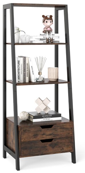 Costway Libreria a scala con cassetti per camera da letto ufficio a casa, Alto scaffale autoportante con 4 ripiani aperti e 2 cassetti Marrone