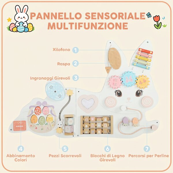 AIYAPLAY Busy Board Montessori in Legno da Parete per Bambini 1.5-6 Anni a Tema Coniglietto Pasquale, Bianco | Aosom Italy
