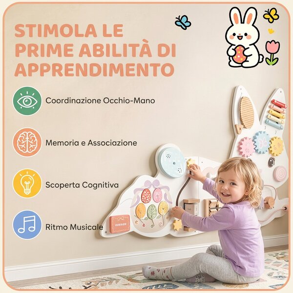 AIYAPLAY Busy Board Montessori in Legno da Parete per Bambini 1.5-6 Anni a Tema Coniglietto Pasquale, Bianco | Aosom Italy