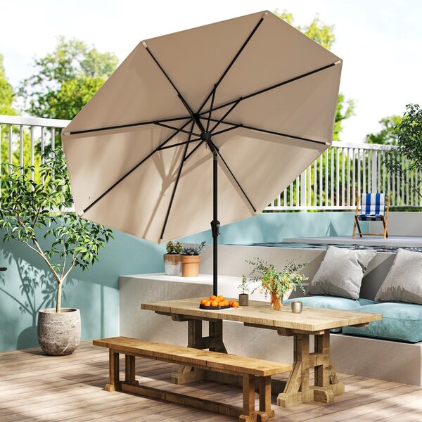 Costway Ombrellone da esterno con inclinazione a pulsante manovella per tavolo da patio, Ombrellone da giardino 270 cm Marrone