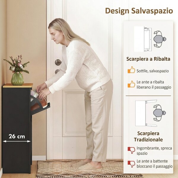 HOMCOM Scarpiera Moderna per 12 Paia Max con 2 Cassetti Regolabili e Rimovibili, in Legno, 72x26x80 cm, Nero | Aosom Italy