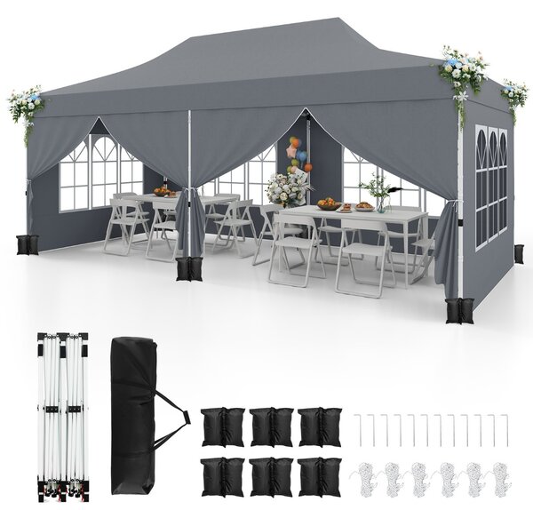 Costway Gazebo pop-up con 6 pareti laterali e ingressi con cerniera, Gazebo istantaneo portatile per festa e picnic 3 x 6 m Grigio