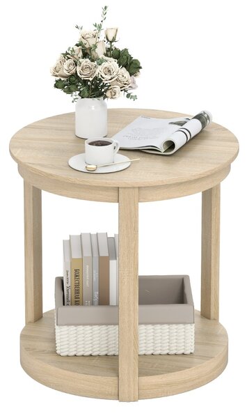 Costway Tavolo da caffè a 2 livelli con ripiano e gambe in legno di gomma, Tavolino da cocktail rustico per soggiorno Quercia