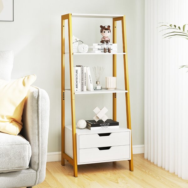 Costway Libreria a scala con cassetti per camera da letto ufficio a casa, Alto scaffale autoportante con 4 ripiani aperti e 2 cassetti Bianco
