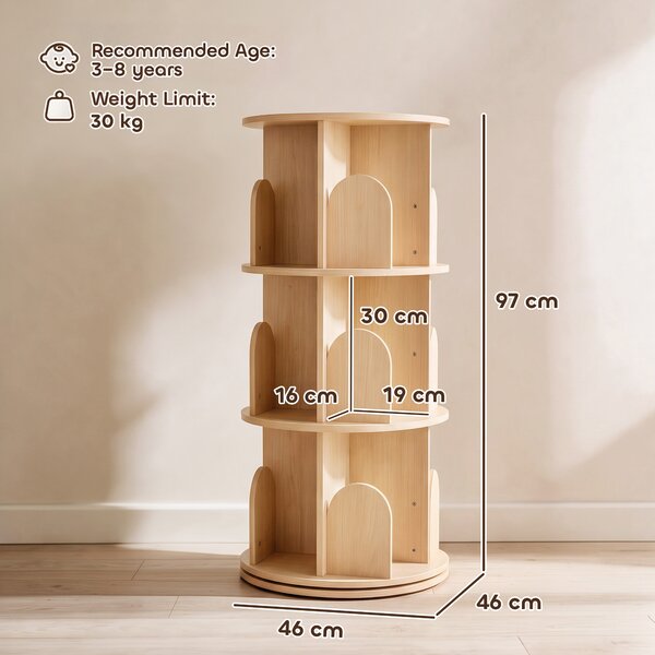 AIYAPLAY Libreria Girevole per Bambini a 3 Livelli, Angoli Arrotondati, 46x46x97 cm, Color Legno | Aosom Italy