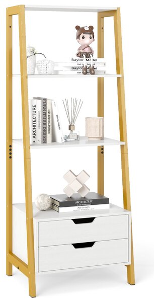 Costway Libreria a scala con cassetti per camera da letto ufficio a casa, Alto scaffale autoportante con 4 ripiani aperti e 2 cassetti Bianco