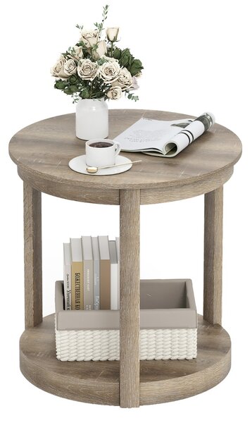 Costway Tavolo da caffè a 2 livelli con ripiano e gambe in legno di gomma, Tavolino da cocktail rustico per soggiorno Grigio