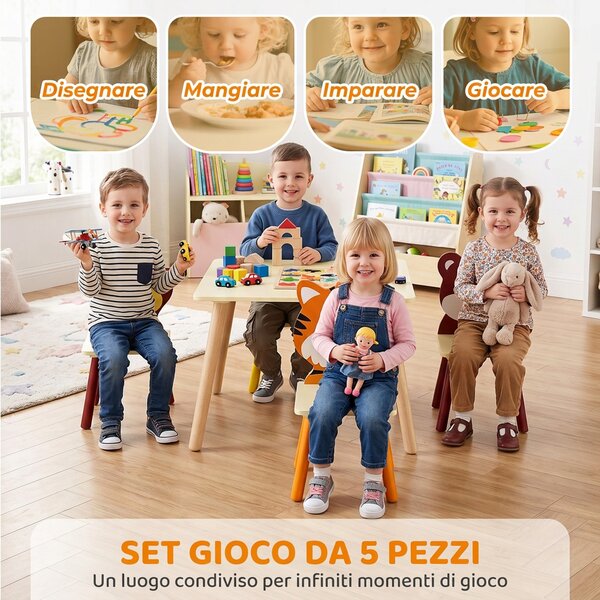 AIYAPLAY Set Tavolo e 4 Sedie per Bambini 3-8 Anni, Design di Animali, Gambe in Legno di Pino, per Cameretta, Giallo | Aosom Italy