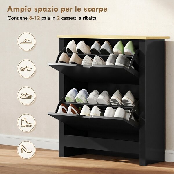 HOMCOM Scarpiera Moderna per 12 Paia Max con 2 Cassetti Regolabili e Rimovibili, in Legno, 72x26x80 cm, Nero | Aosom Italy