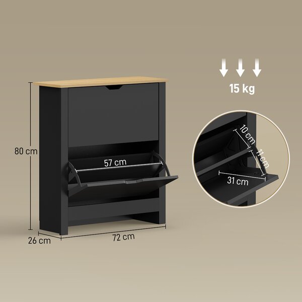 HOMCOM Scarpiera Moderna per 12 Paia Max con 2 Cassetti Regolabili e Rimovibili, in Legno, 72x26x80 cm, Nero | Aosom Italy
