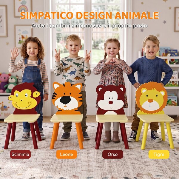 AIYAPLAY Set Tavolo e 4 Sedie per Bambini 3-8 Anni, Design di Animali, Gambe in Legno di Pino, per Cameretta, Giallo | Aosom Italy