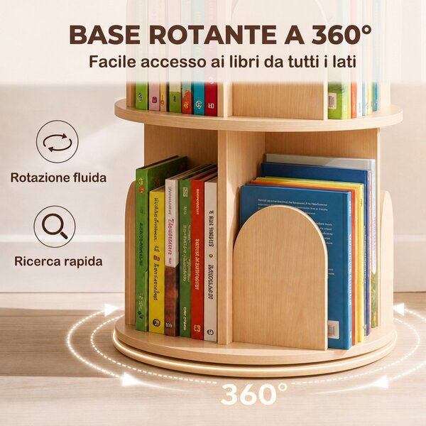 AIYAPLAY Libreria Girevole per Bambini a 3 Livelli, Angoli Arrotondati, 46x46x97 cm, Color Legno | Aosom Italy