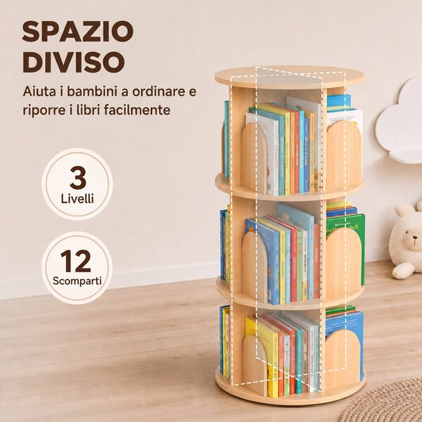 AIYAPLAY Libreria Girevole per Bambini a 3 Livelli, Angoli Arrotondati, 46x46x97 cm, Color Legno | Aosom Italy