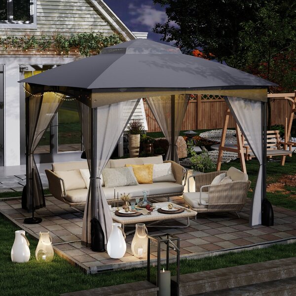 Costway Tetto morbido a doppio strato con 4 sacchi di sabbia con cerniera, Gazebo da patio 3x3 M con pareti in rete Grigio