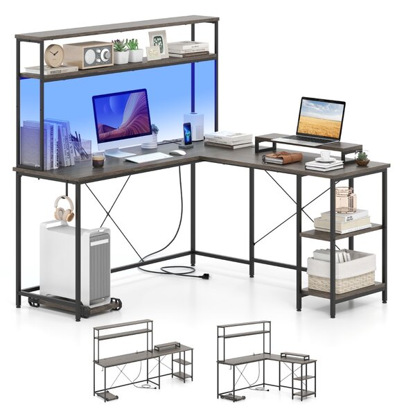 Costway Tavolo da gioco a L con striscia LED e prese di corrente, Scrivania angolare con mensola supporto per monitor/CPU Grigio