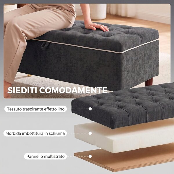 HOMCOM Cassapanca 78L Pouf Contenitore 117x44x45cm, Seduta Imbottita 2 Posti in Tessuto Effetto Lino, Grigio Scuro | Aosom Italy