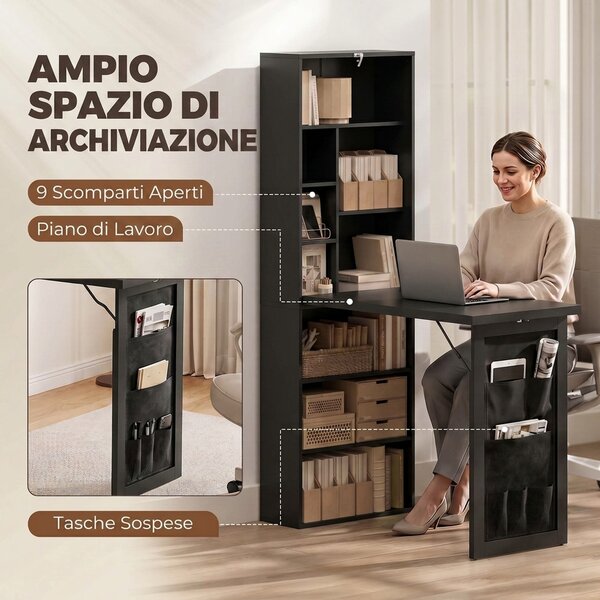 HOMCOM Scrivania per Computer Pieghevole con Ripiani Contenitori e Borsa Laterale, da Parete, Nera | Aosom Italy