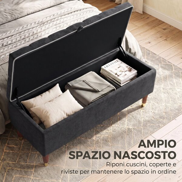 HOMCOM Cassapanca 78L Pouf Contenitore 117x44x45cm, Seduta Imbottita 2 Posti in Tessuto Effetto Lino, Grigio Scuro | Aosom Italy