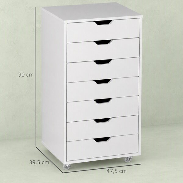 Vinsetto Schedario da Ufficio con 7 Cassetti, Ruote a Freno, Cassettiera Scrivania per Lettera/Formato A4/Legale, Bianco | Aosom Italy