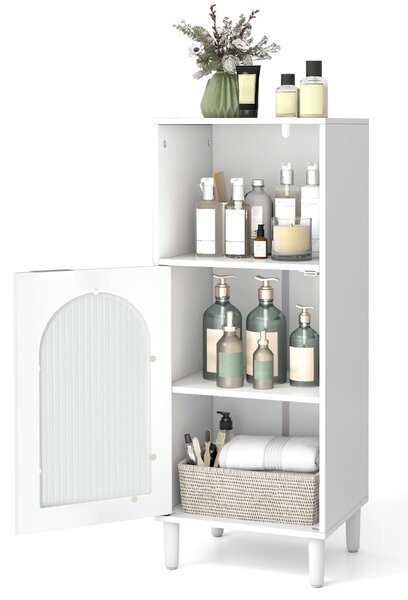Costway Armadietto da bagno con anta in vetro temperato, Mobile laterale in legno con ripiano regolabile e kit anti-ribaltamento Bianco