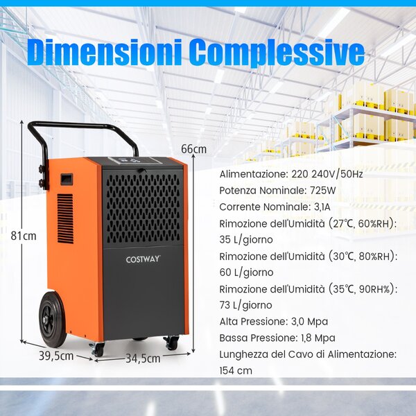 Costway Deumidificatore industriale con tubo di scarico e timer con ruote per cantina, Deumidificatore commerciale Arancione