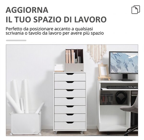 Vinsetto Schedario da Ufficio con 7 Cassetti, Ruote a Freno, Cassettiera Scrivania per Lettera/Formato A4/Legale, Bianco | Aosom Italy
