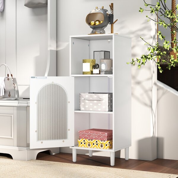 Costway Armadietto da bagno con anta in vetro temperato, Mobile laterale in legno con ripiano regolabile e kit anti-ribaltamento Bianco