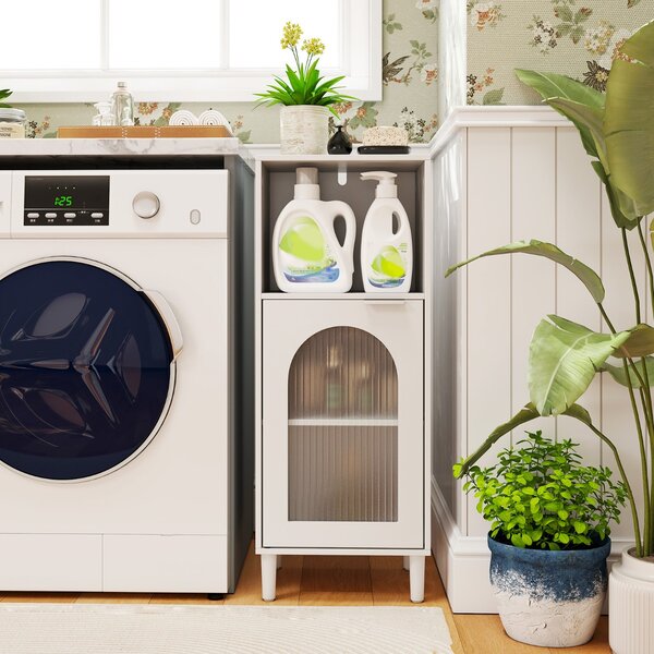 Costway Armadietto da bagno con anta in vetro temperato, Mobile laterale in legno con ripiano regolabile e kit anti-ribaltamento Bianco