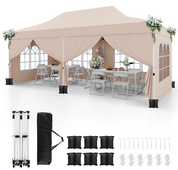 Costway Gazebo pop-up con 6 pareti laterali e ingressi con cerniera, Gazebo istantaneo portatile per festa e picnic 3 x 6 m Beige