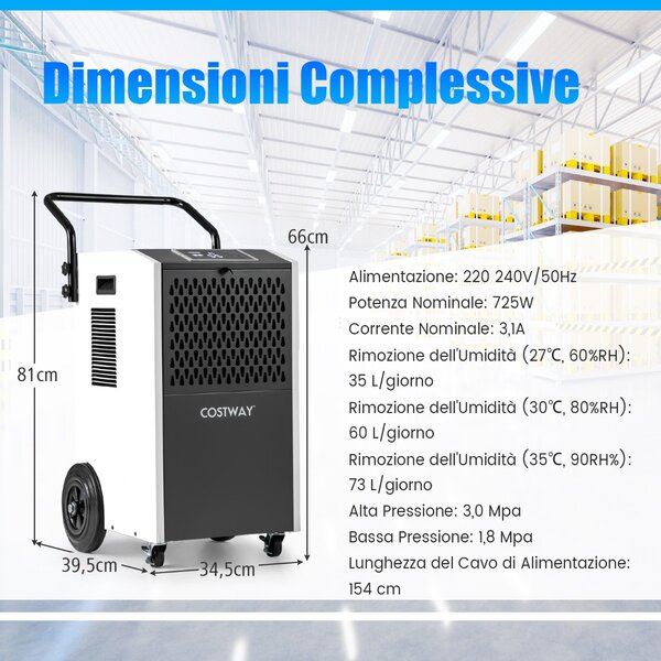 Costway Deumidificatore industriale con tubo di scarico e timer con ruote per cantina, Deumidificatore commerciale Bianco