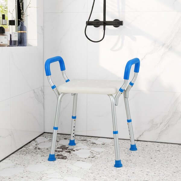 Costway Sedile doccia con braccioli imbottiti staccabili e piedini in gomma antiscivolo, Sedia doccia 6 altezze regolabili Blu