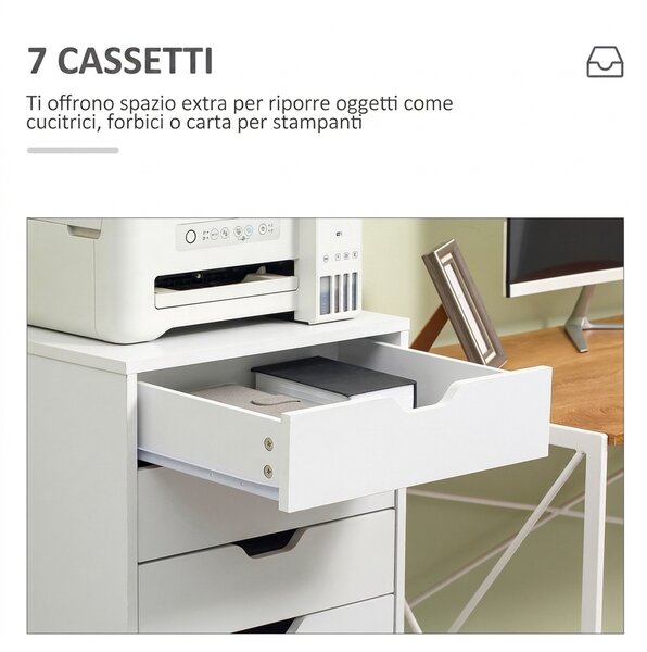 Vinsetto Schedario da Ufficio con 7 Cassetti, Ruote a Freno, Cassettiera Scrivania per Lettera/Formato A4/Legale, Bianco | Aosom Italy