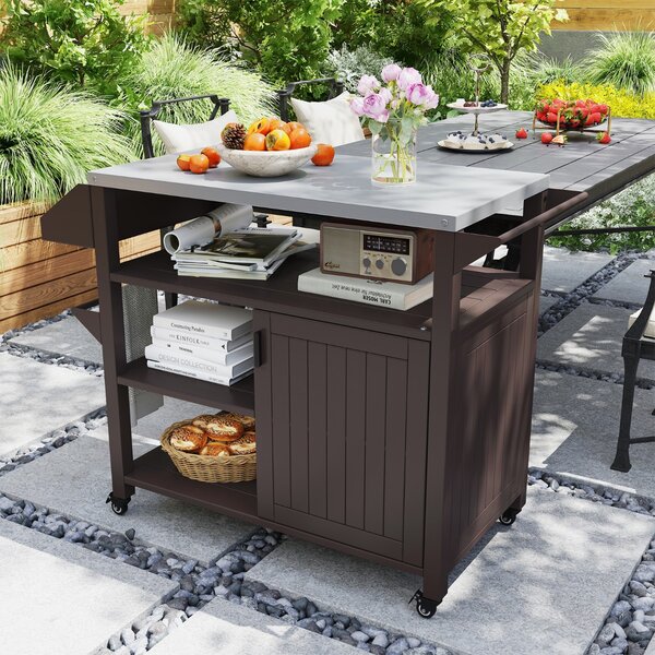 Costway Carrello per grill da esterno con portaspezie per barbecue, Isola da cucina portatile in metallo su ruote
