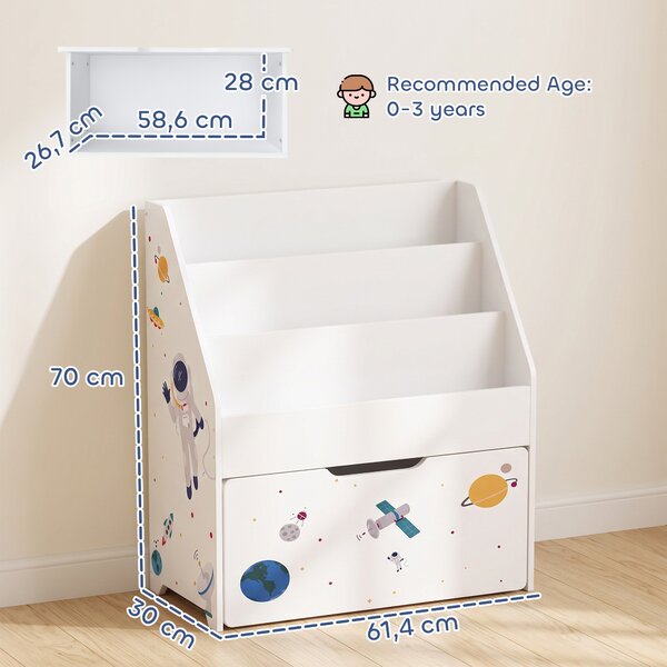 AIYAPLAY Libreria per bambini con cassetto mobile, 3 ripiani, 3-8 anni, bianco | Aosom Italy