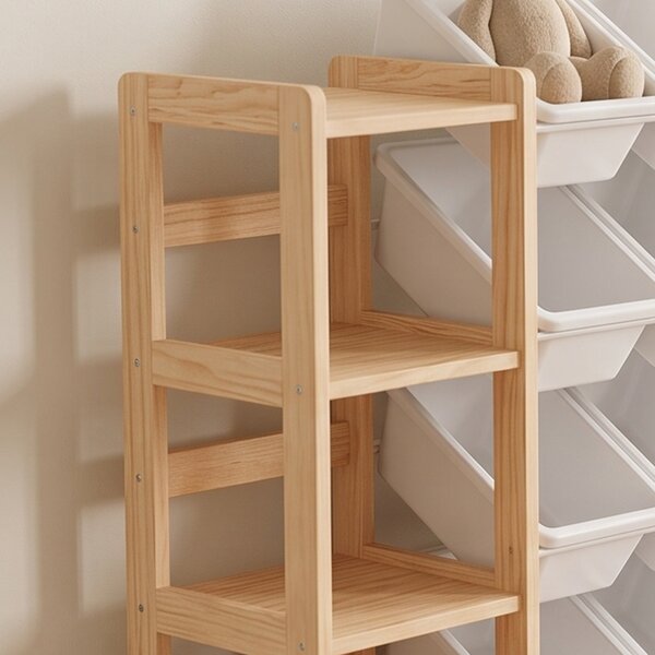 AIYAPLAY Mobile Portagiochi Con 12 Contenitori e 3 Mensole, Legno Naturale Bianco | Aosom Italy