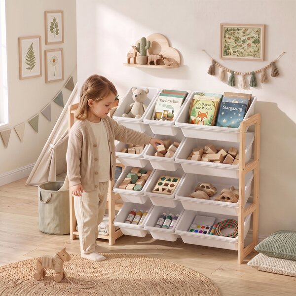 AIYAPLAY Mobile Portagiochi Con 12 Contenitori e 3 Mensole, Legno Naturale Bianco | Aosom Italy